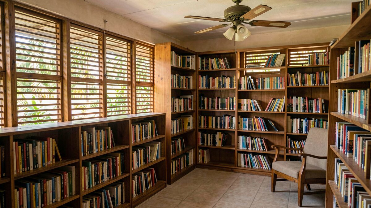 Des rayonnages bas en bois dans une petite bibliothèque, les dos des livres tournés vers le lecteur, un ventilateur au plafond et la lumière du jour qui passe par des persiennes