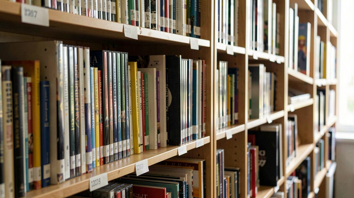 Des rayonnages de bibliothèque vus de biais, livres et quelques disques compacts rangés dos dehors, petites étiquettes de cote sur le chant des tablettes, lumière du jour latérale.