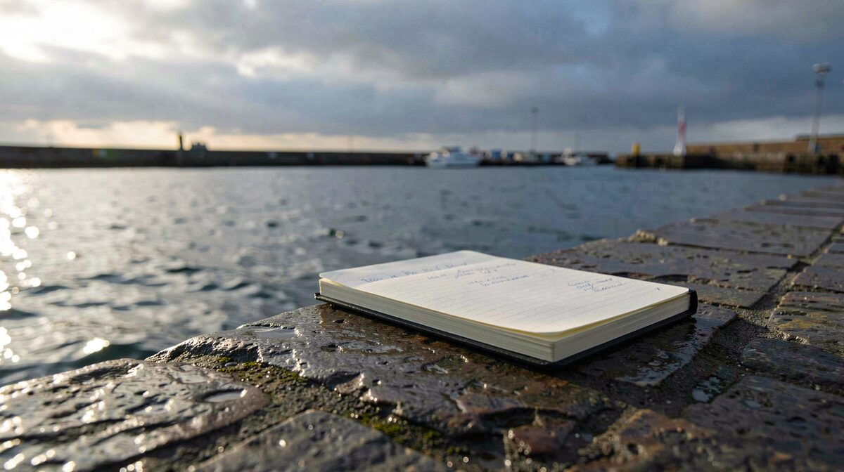 Un quai de port en pierre mouillée au petit matin, un cahier de notes posé sur un muret face à la rade, lumière rasante et ciel gris bleu, cadrage horizontal serré sur le cahier et l'eau.