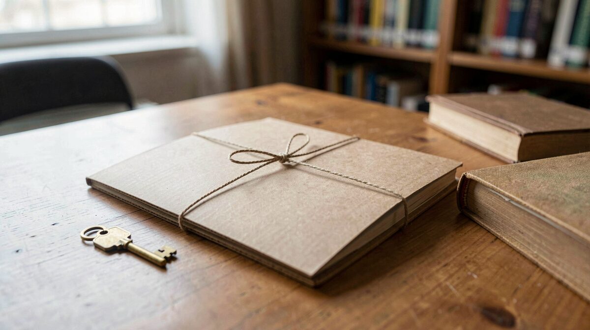 Une chemise cartonnée fermée, attachée d'une fine cordelette, posée sur une table de bibliothèque près d'une petite clé de laiton et d'un livre fermé, lumière douce de fenêtre