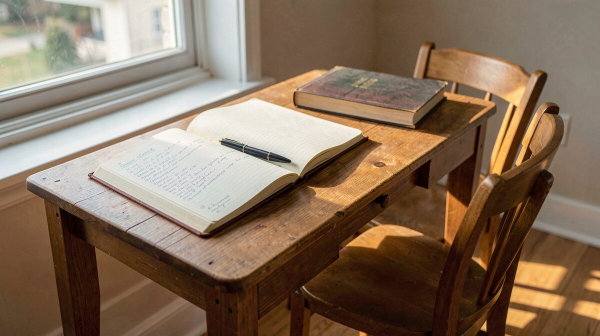 Un bureau de lecture en bois avec un carnet ouvert, un stylo et un livre relié fermé près d'une fenêtre, une chaise vide, lumière douce du matin