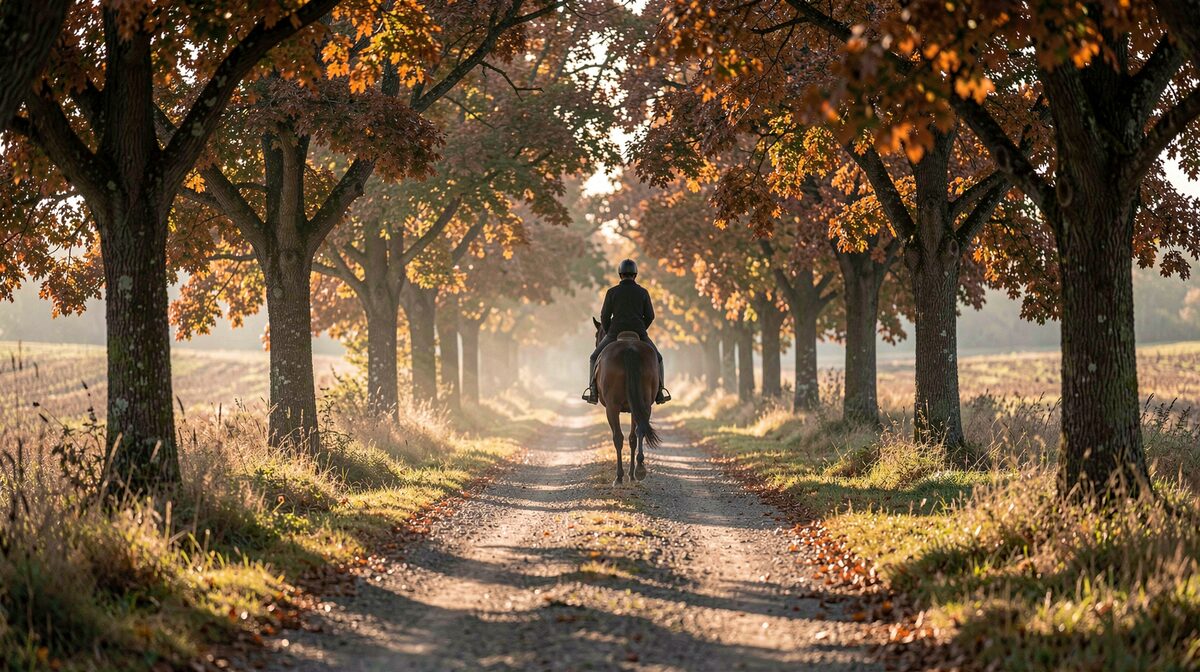 Un sentier de schiste en pente douce sous des châtaigniers, au petit matin, avec un cavalier et son cheval vus de dos à trente mètres, lumière rasante et ombres longues, cadrage vertical serré sur le chemin.