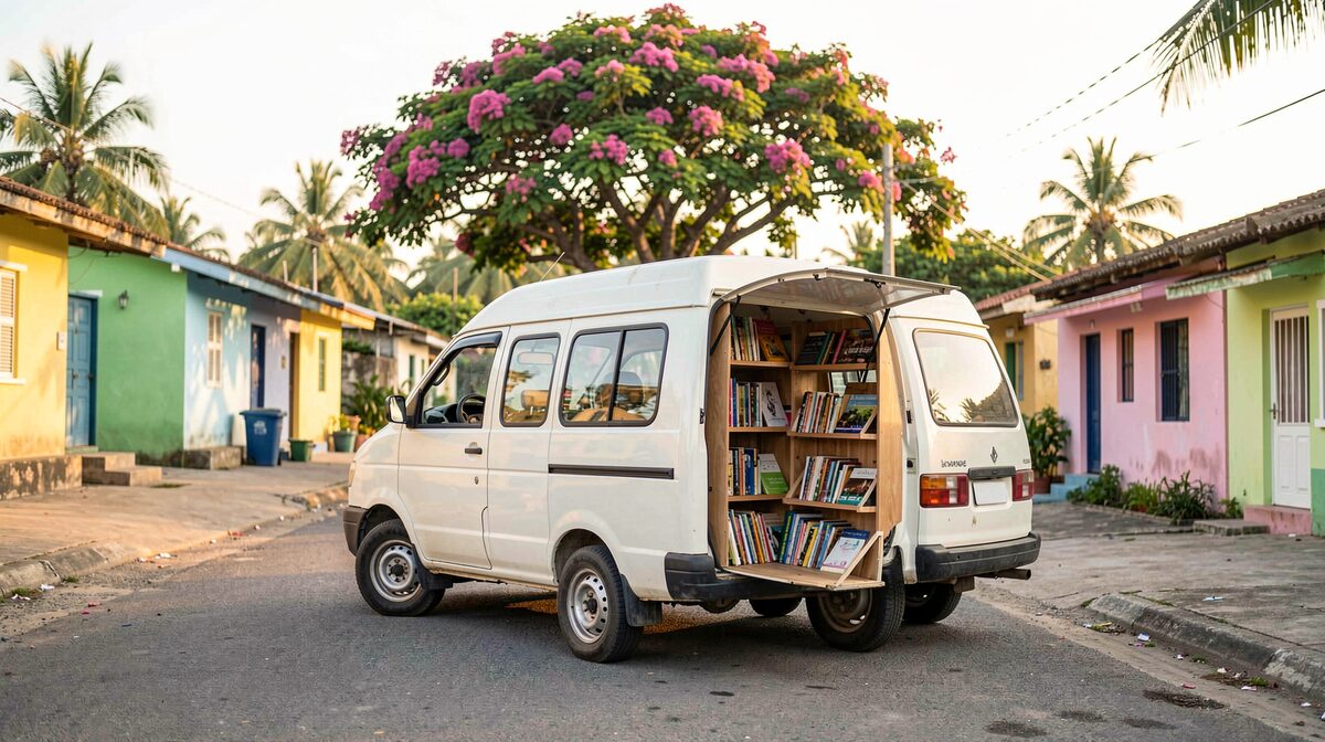 Un petit bibliobus stationné dans une rue de quartier tropical, panneau latéral ouvert sur des tablettes de livres pliantes, maisons basses et arbre en fleurs derrière, lumière de fin d'après-midi.