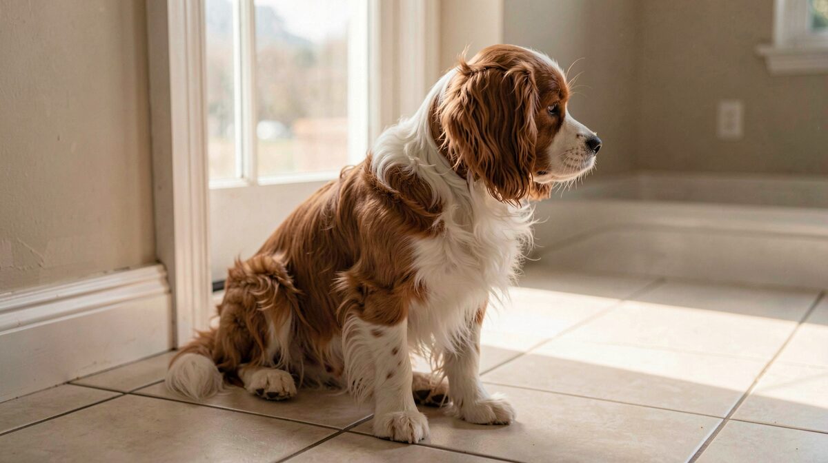 Un petit chien à poil long et ondulé, de couleur fauve et blanc, assis de profil sur un sol carrelé clair près d'une fenêtre, lumière naturelle douce de fin d'après-midi, cadrage serré à hauteur du chien.