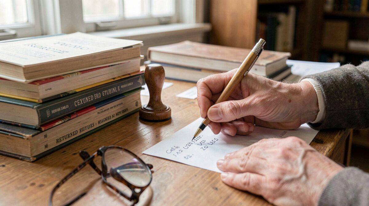 Vue rapprochée des mains d'une bibliothécaire écrivant une cote au crayon sur une fiche cartonnée, posée près d'une pile de livres rendus, avec des lunettes de lecture et un tampon encreur sur le bureau