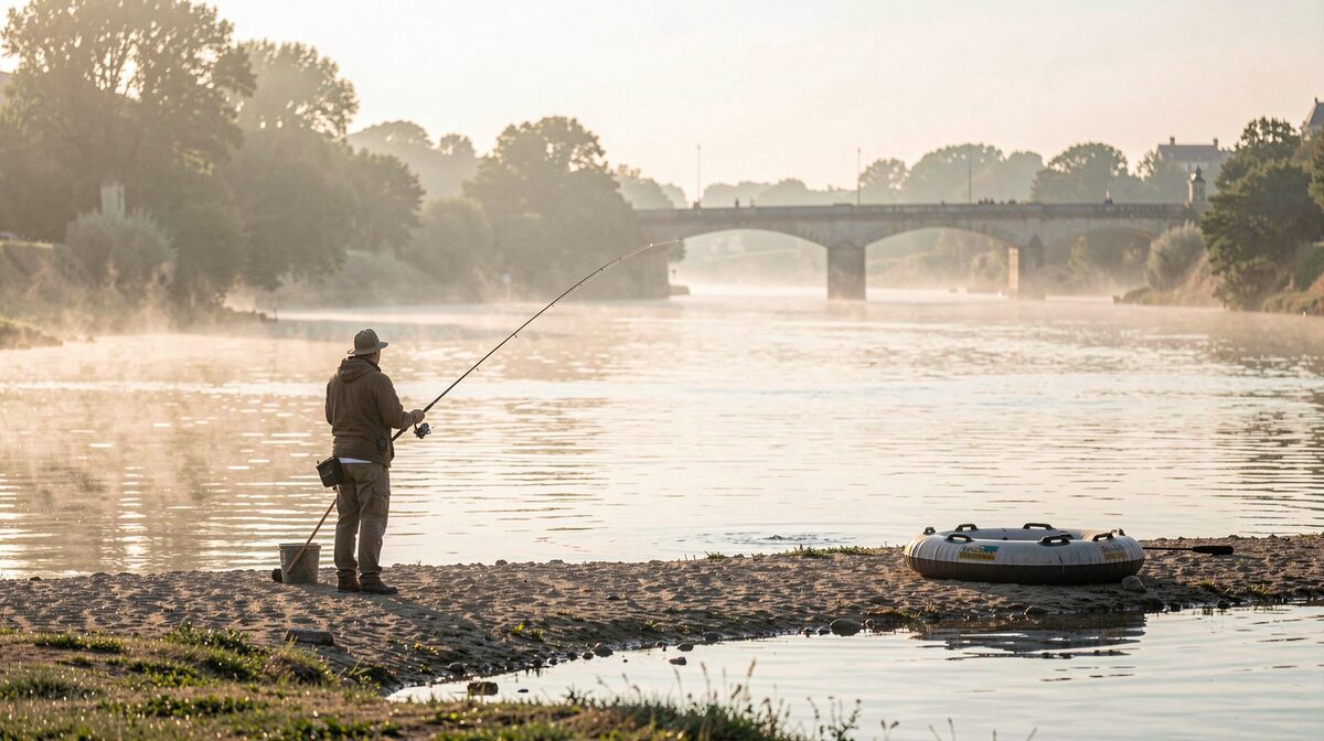 Une berge de la Loire moyenne au petit matin, avec un pêcheur lançant sa ligne depuis un banc de sable, un float tube posé à proximité, lumière rasante et brume légère sur l'eau.